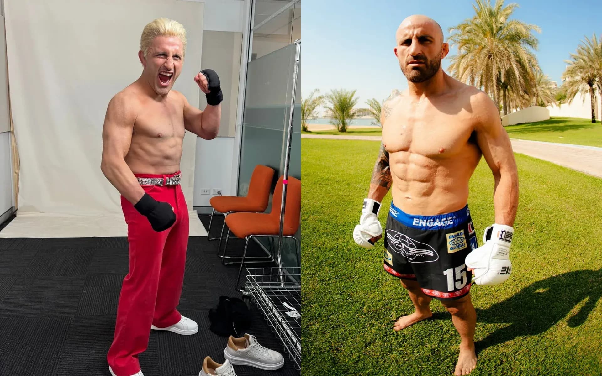 Alexander Volkanovski sporting the look of his Street Fighter character Joe; Volkanovski training for UFC 333. 