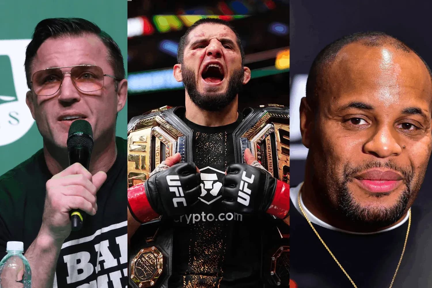 Chael Sonnen (left) Islam Makhachev (center), and Daniel Cormier (right)