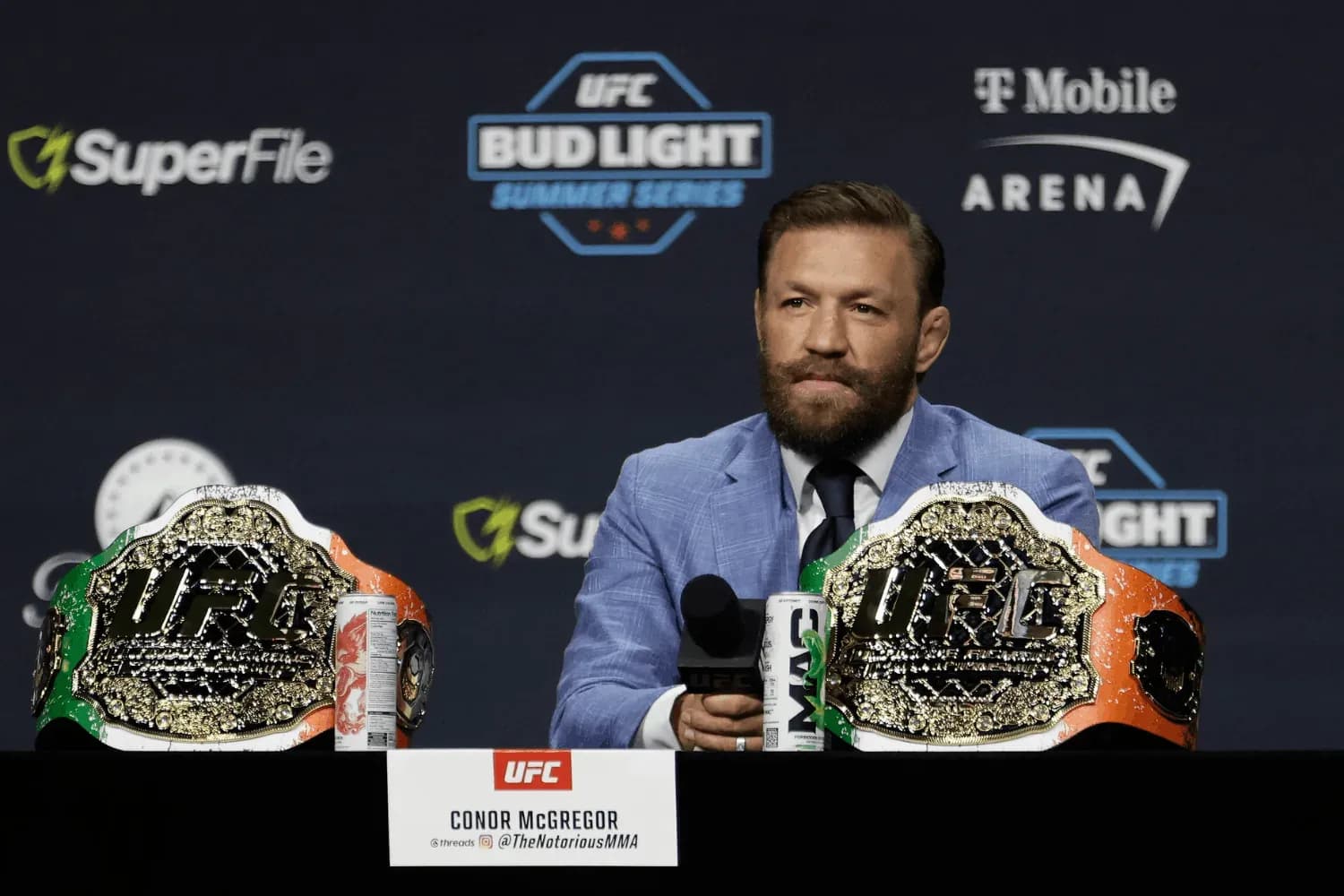 Conor McGregor speaks during the UFC 329 press conference 