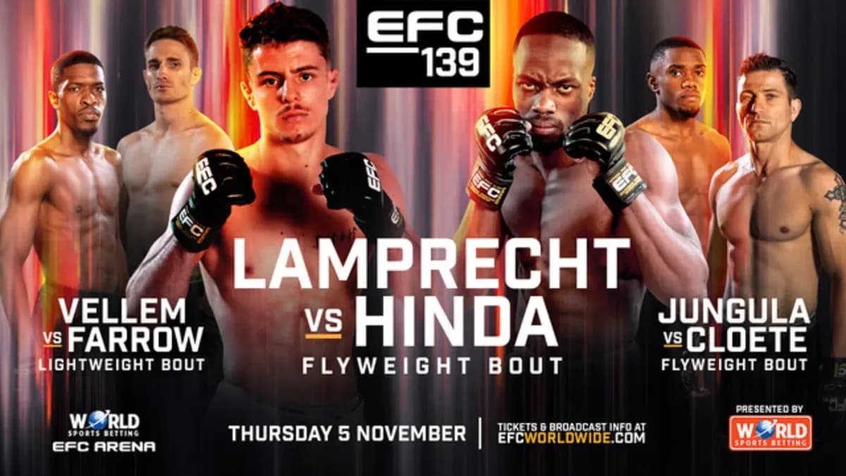 EFC 139 event graphic featuring Coenie Lamprecht, Veja Hinda, Nasiphi Vellem, Grant Farrow, Sisa Jungula, and Micky Cloete