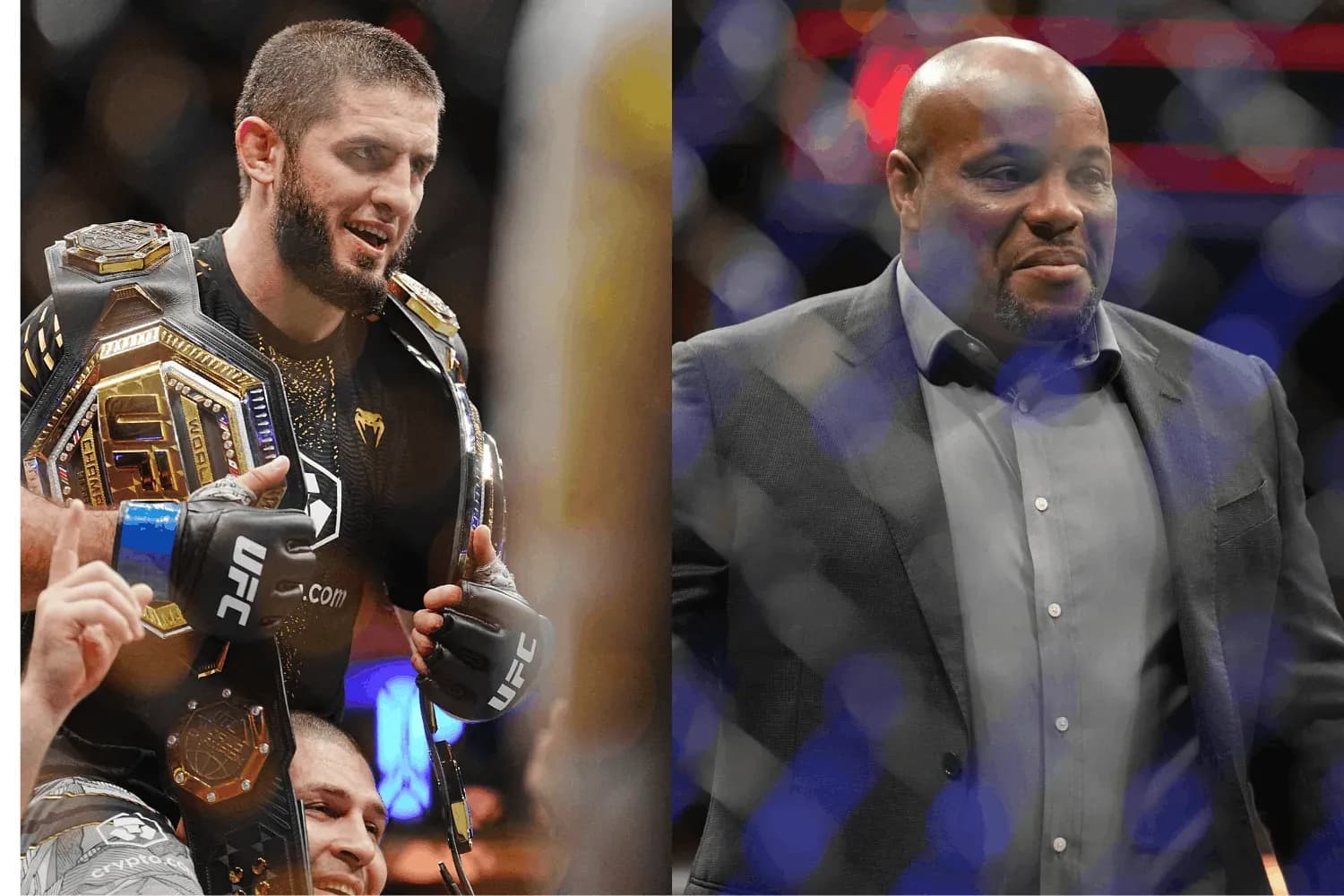 Islam Makhachev (left) and Daniel Cormier (right)
