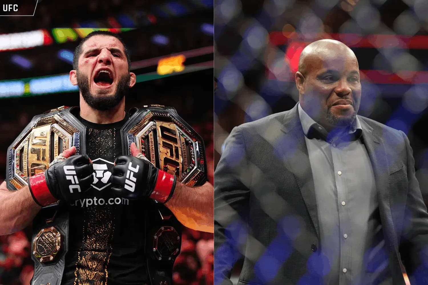 Islam Makhachev (left) and Daniel Cormier (right)