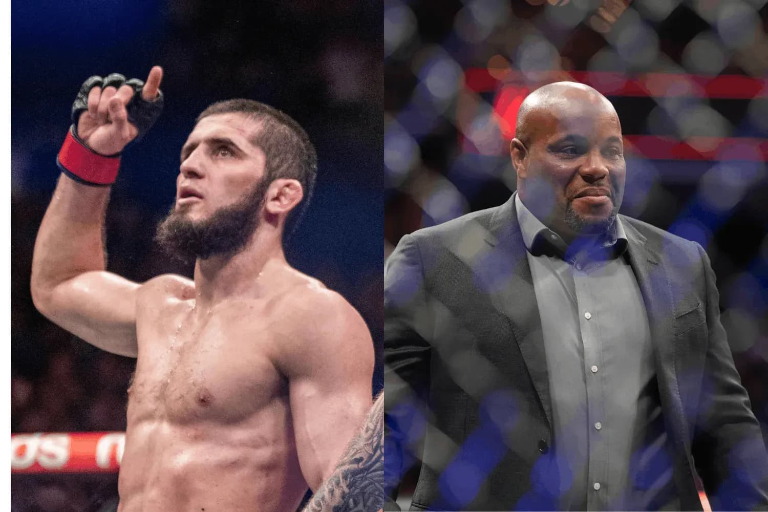 Islam Makhachev (left) and Daniel Cormier (right)