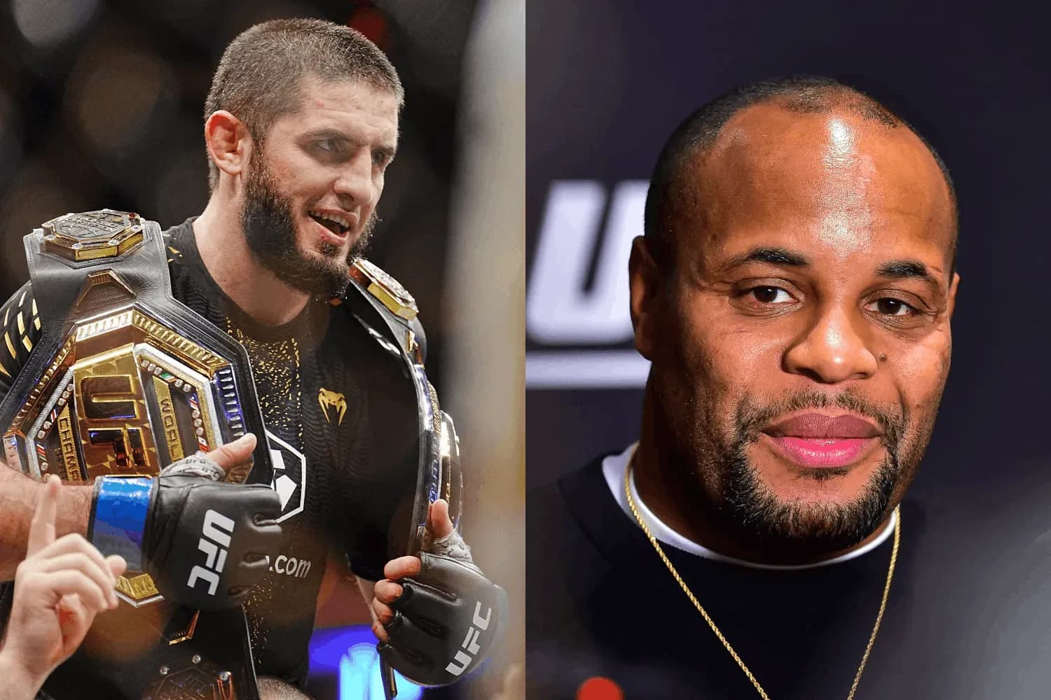 Islam Makhachev with his belts (left) and Daniel Cormier (right)