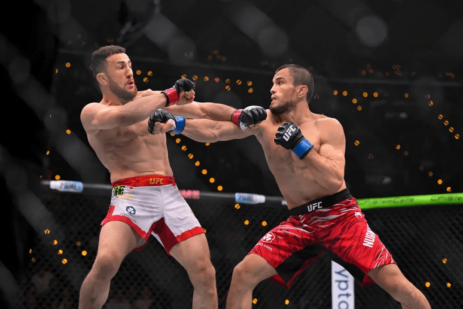 Merab Dvalishvili (left) in the octagon with Umar Nurmagomedov (right)