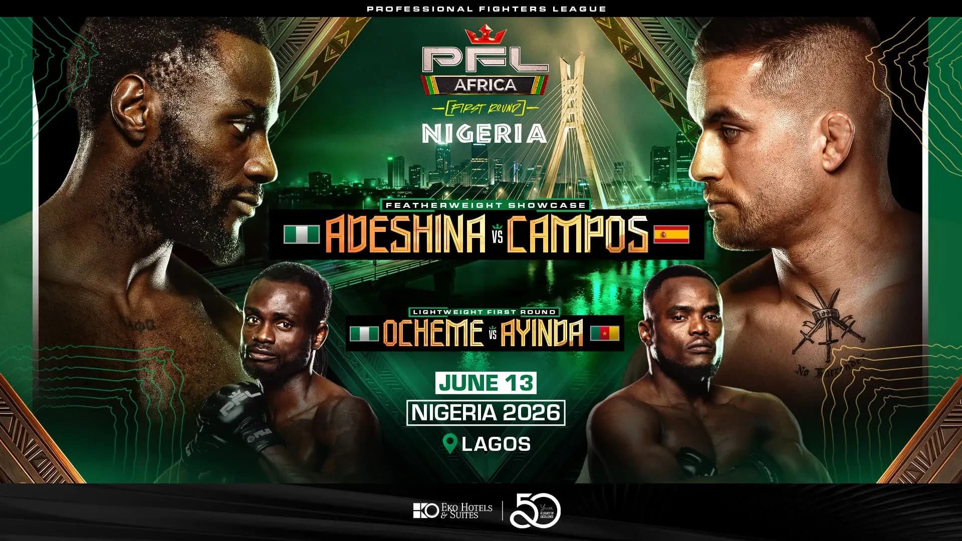 PFL Africa: Nigeria fight poster — Adeshina vs Campos main event, Ocheme vs Ayinda co-main, June 13 in Lagos