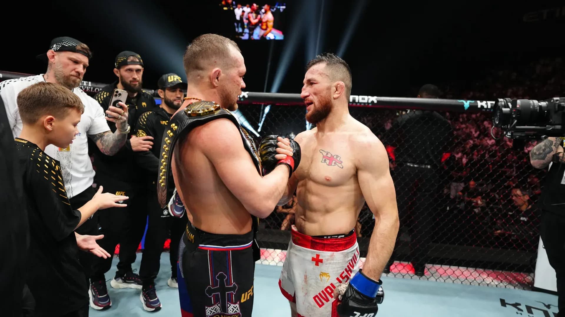 Ilia Topuria reacts to Merab Dvalishvili's UFC 333 loss.