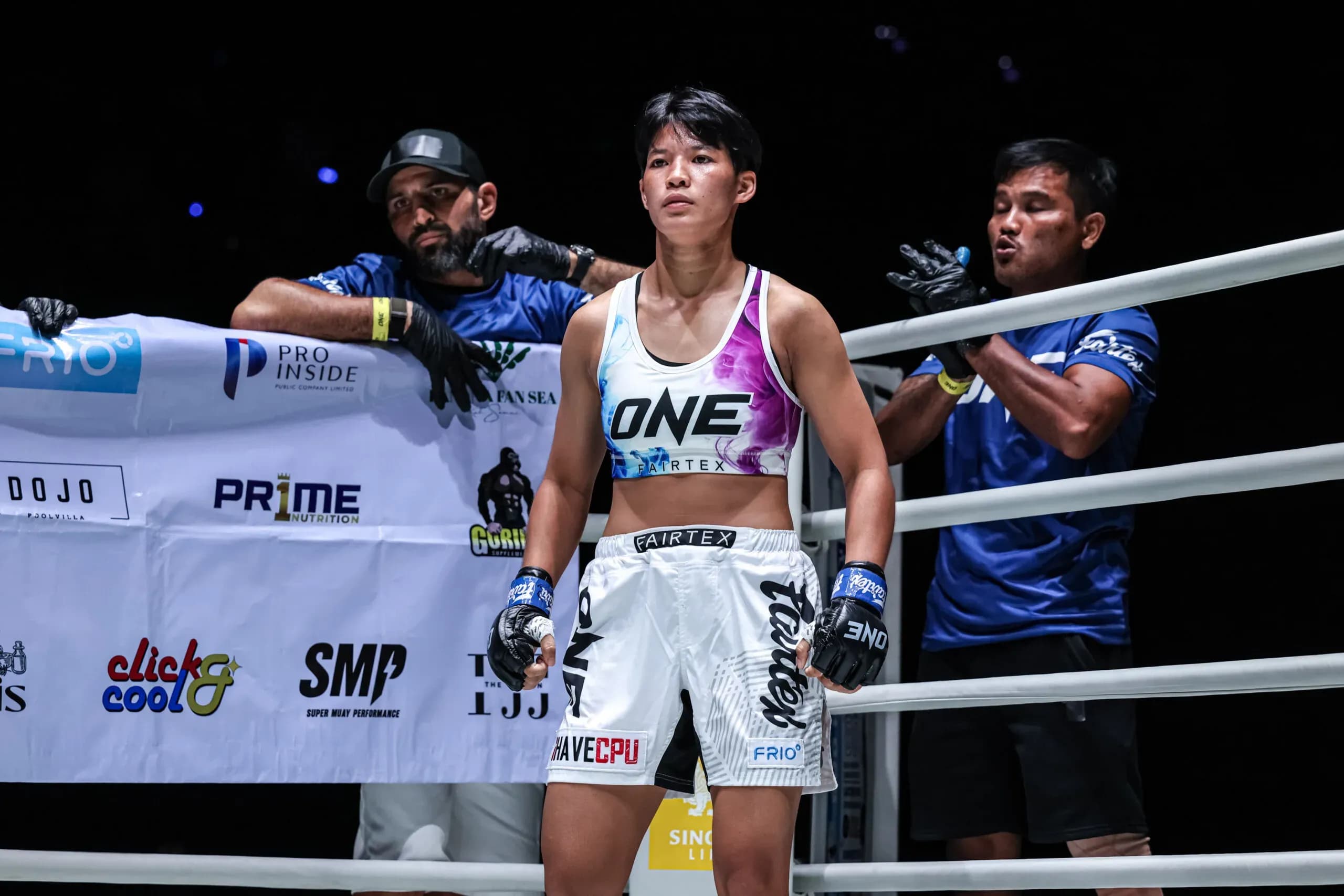 Muay Thai and Kickboxing star Phetjeeja Lukjaoporongtom stands in the ONE Championship ring corner