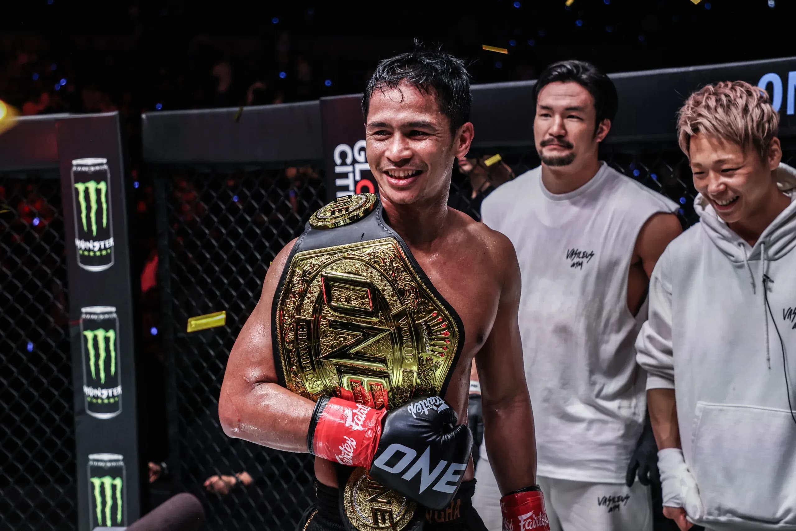 Superbon celebrates his ONE 172 win with the ONE Championship belt in the Circle