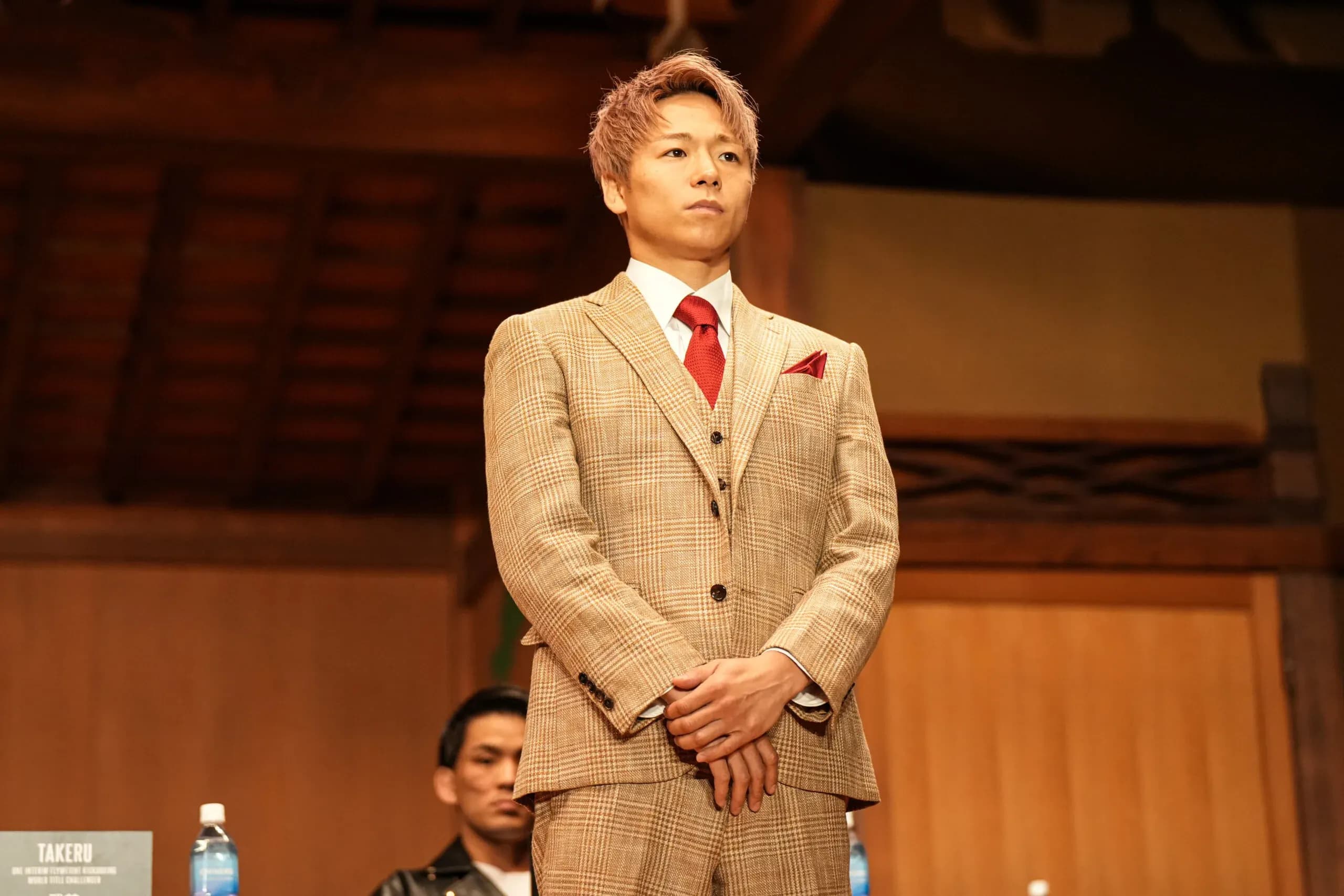 Takeru Segawa poses in his suit Rodtang and Takeru pose at the ONE SAMURAI 1 Kickoff Press Conference