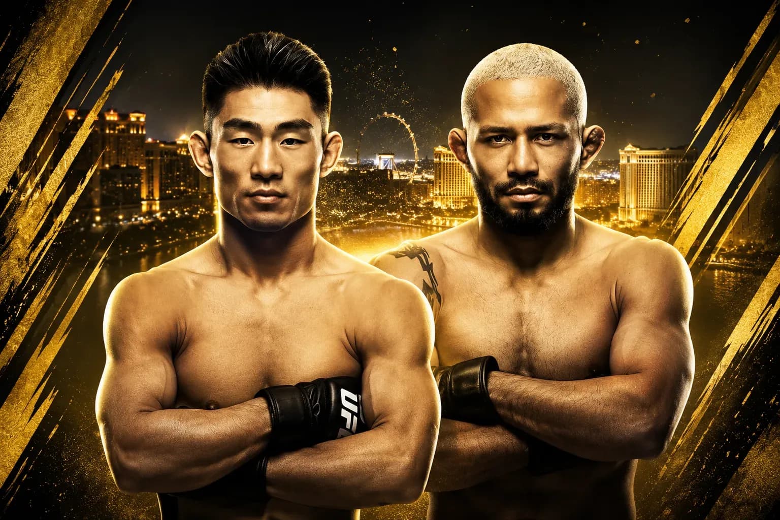 UFC bantamweights Song Yadong and Deiveson Figueiredo pose with arms crossed in front of the Macau skyline