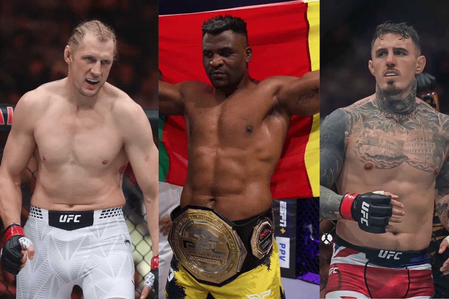 Alexander Volkov (left), Francis Ngannou (center), and Tom Aspinall (right)