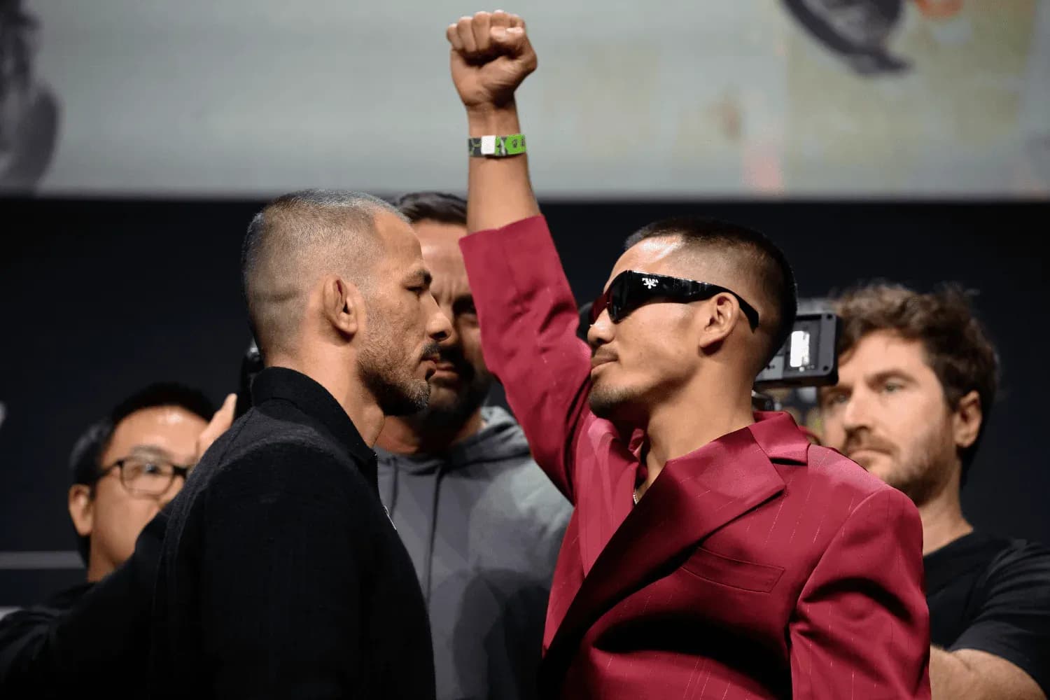 ALEXANDRE PANTOJA (30-5-0) of Rio de Janeiro, Brazil (L) and JOSHUA VAN (15-2-0) of Hakha, Myanmar (R) during UFC 323 press conference