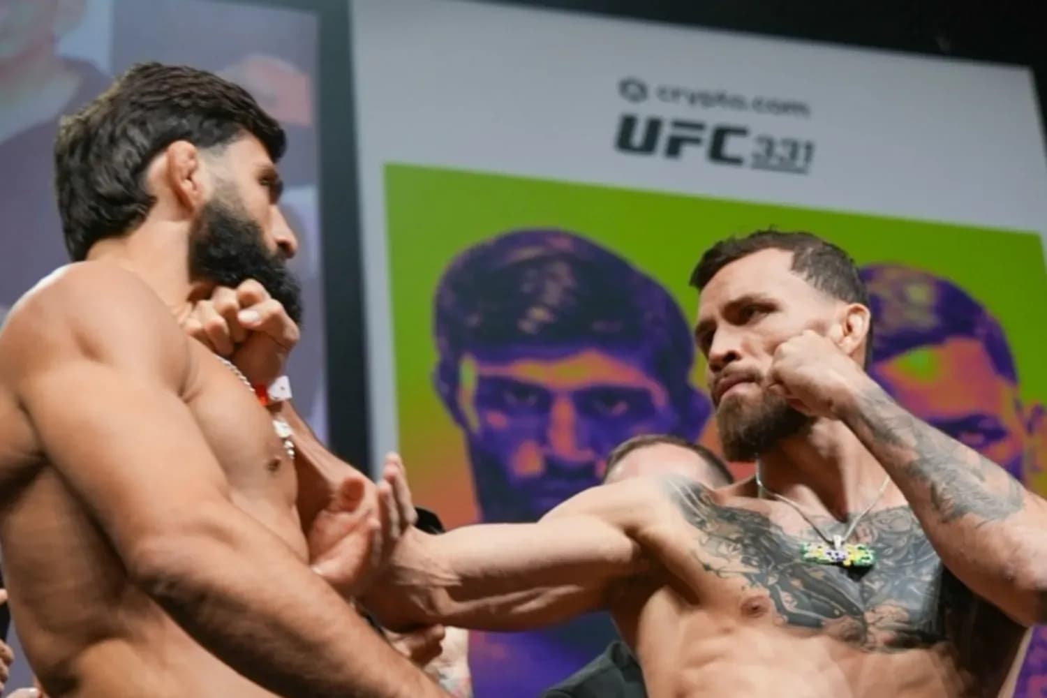 Arman Tsarukyan (left) and Mauricio Ruffy (right) face off during the UFC 331 ceremonial weigh-ins