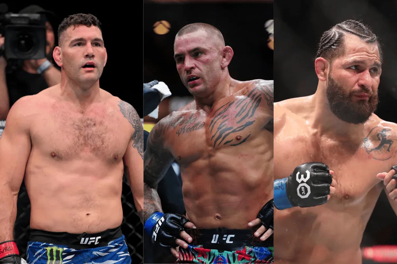 Chris Weidman (left), Dustin Porieir (center), and Jorge Masvidal (right)