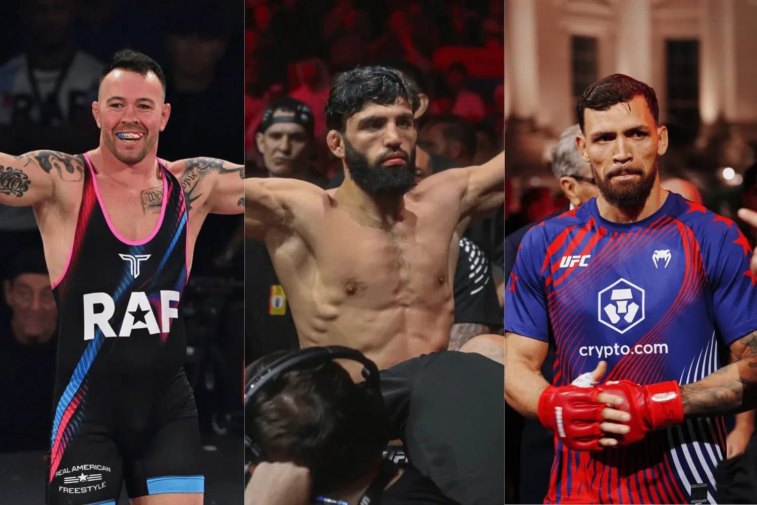 Colby Covington (left), Arman Tsarukyan (center) and Mauricio Ruffy (right)