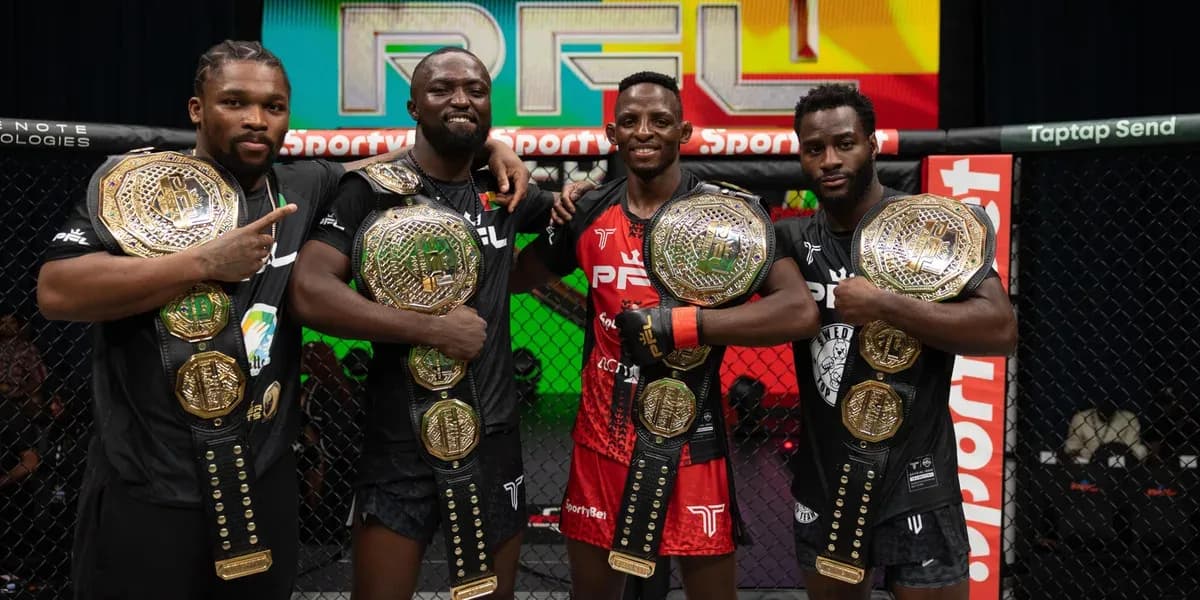 Image of PFL Africa Champions Abraham Bably, Yabna N'Tchala, Nkosi Ndebele, and Wasi Adeshina at PFL Africa: Benin