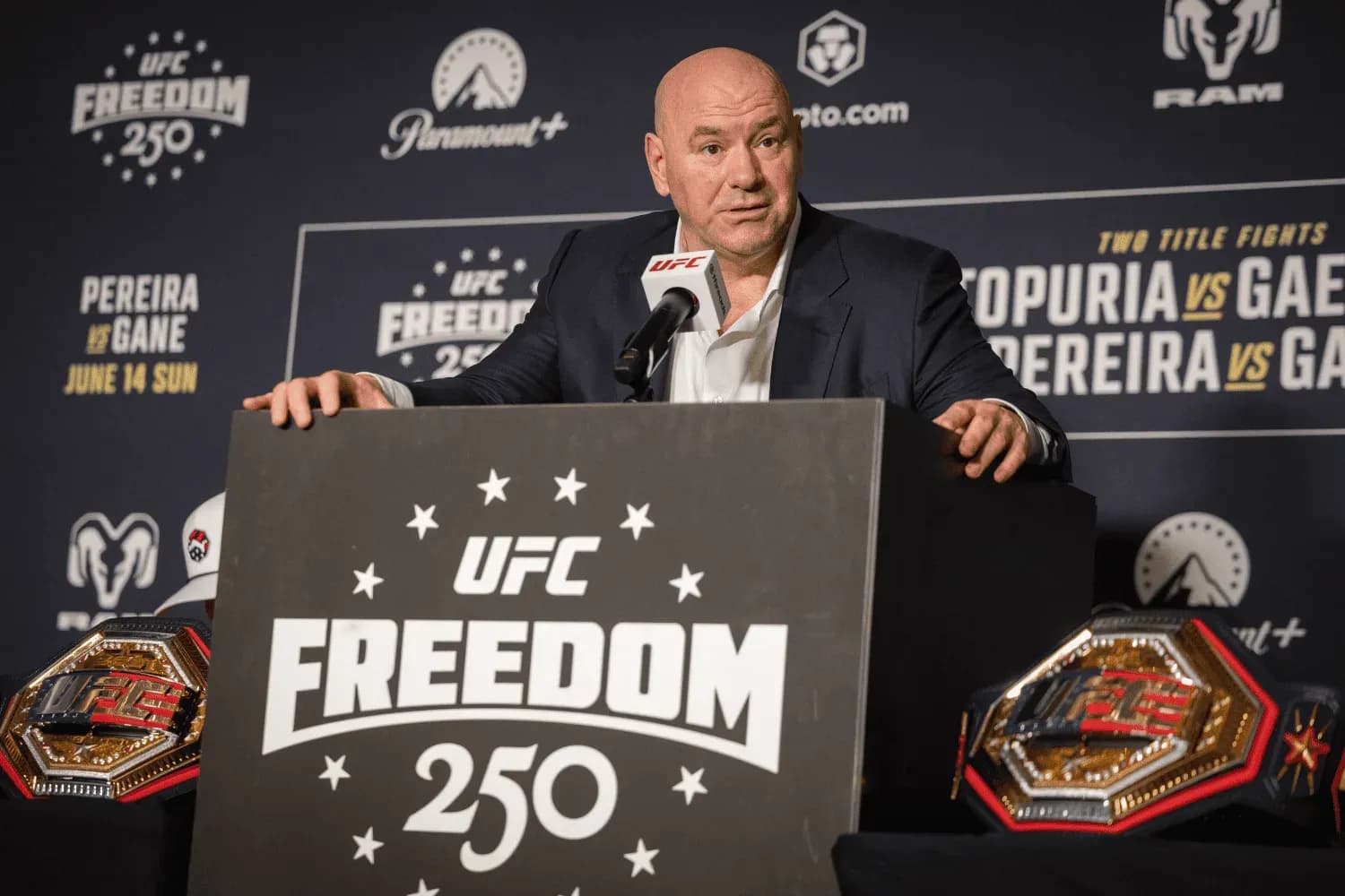 Dana White speaks during a press conference with fight winners following UFC Freedom 250