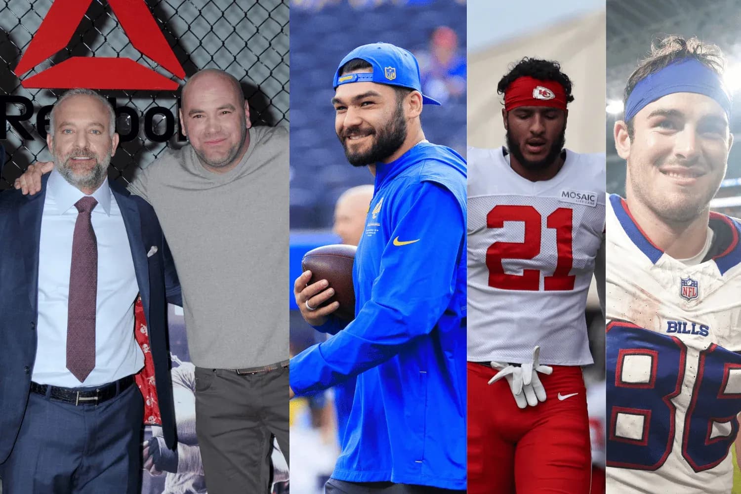 Dana White and Lorenzo Fertitta (left) followed by Puka Nakua, Jaden Hicks, and Dalton Kincaid respectively