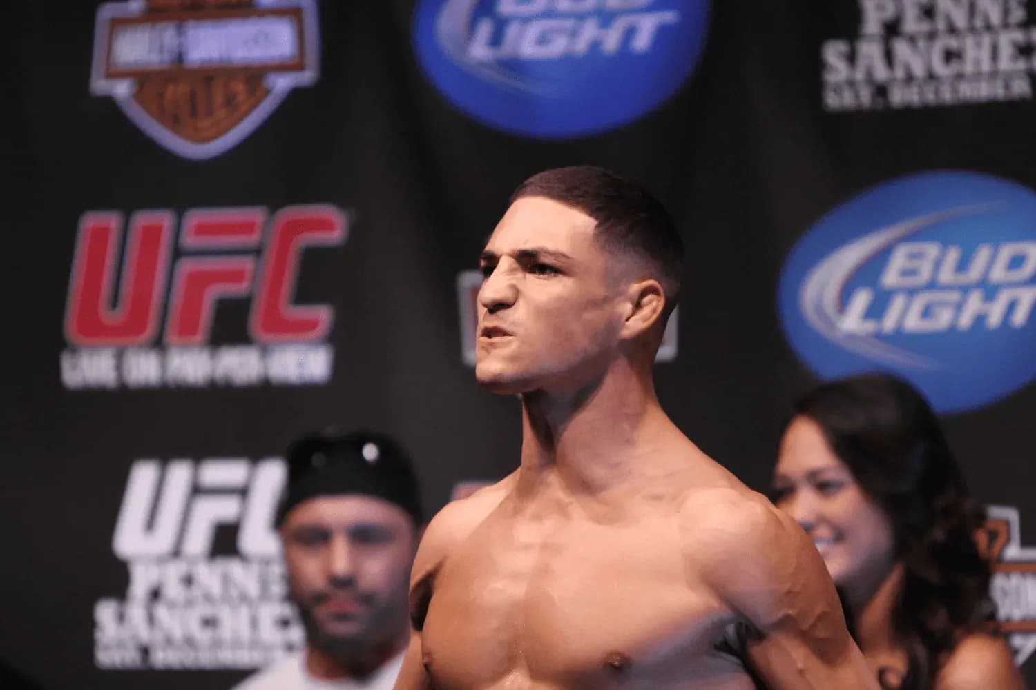 UFC Lightweight Diego Sanchez (USA) steps on the scales at the UFC 107 weigh-in at the FedEx Forum in Memphis, Tennessee.