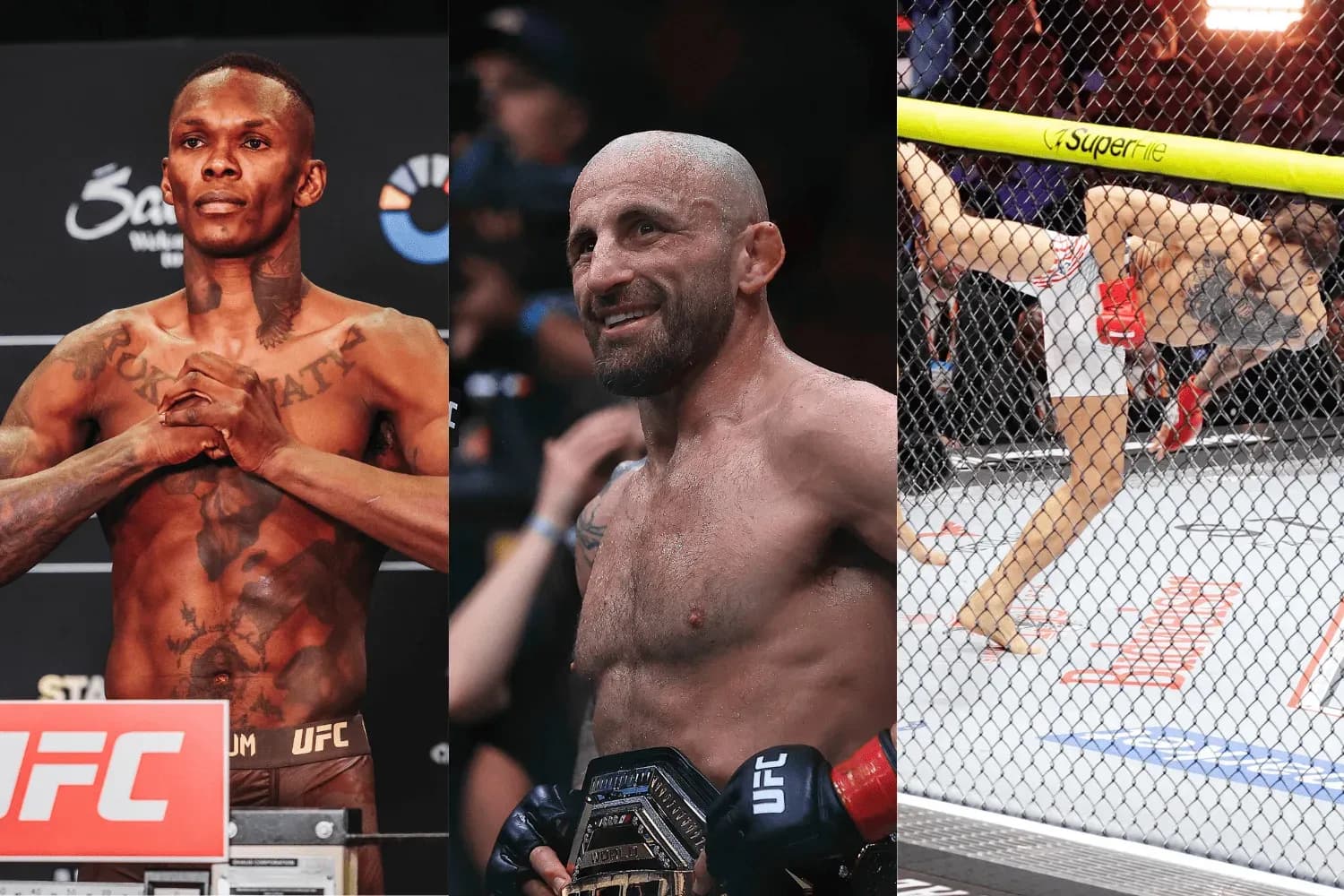 Israel Adesanya (left) Alexander Volkanovski (center) and Mauricio Ruffy (right)