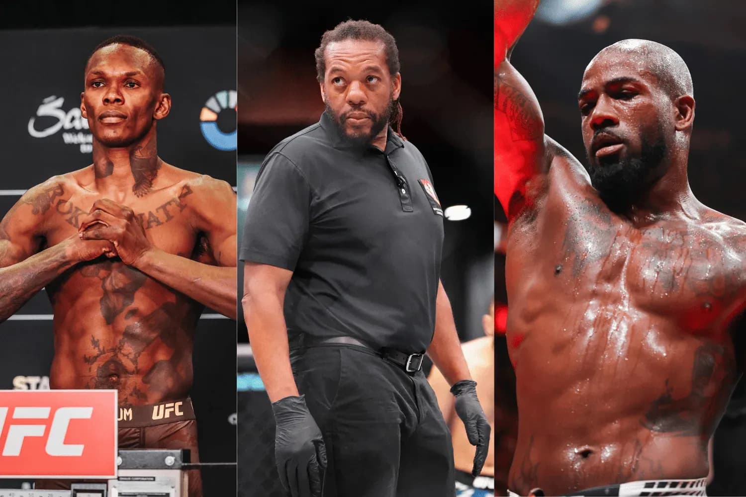 Israel Adesanya (left), Herb Dean (center) and King Green (right)