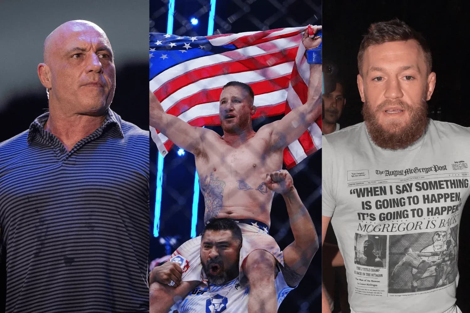 Joe Rogan (left) Justin Gaethje (center), and Conor McGregor (right)