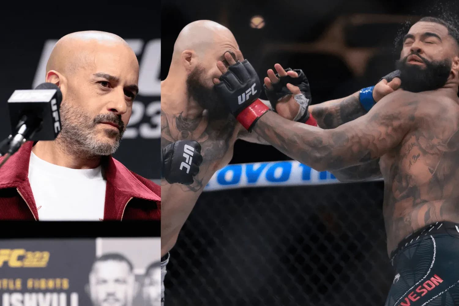Jon Anik (left) and Sean Sharaf punching Gable Steveson (left)