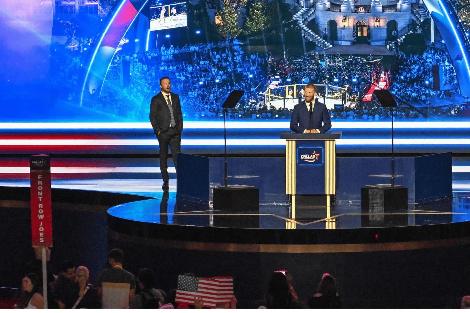 UFC Champion fighters Justin Gaethje and Bo Nickal address delegates on the opening day of the Republican midterm convention at the American Airlines Center in Dallas, Texas