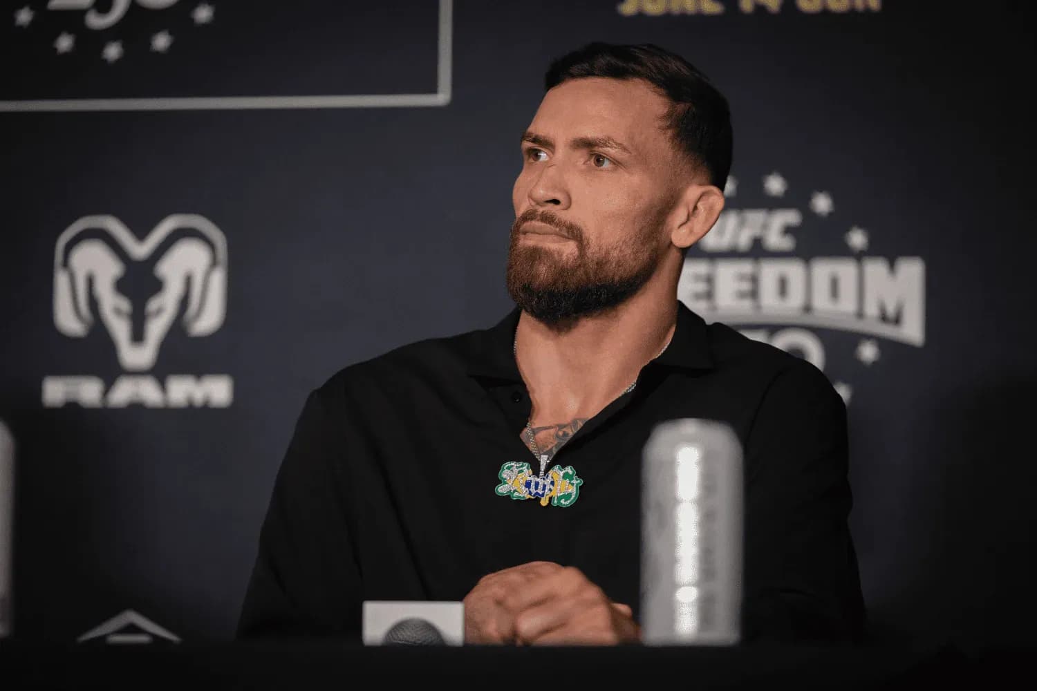 Mauricio Ruffy participates in a press conference with other fight winners and Dana White following UFC Freedom 250