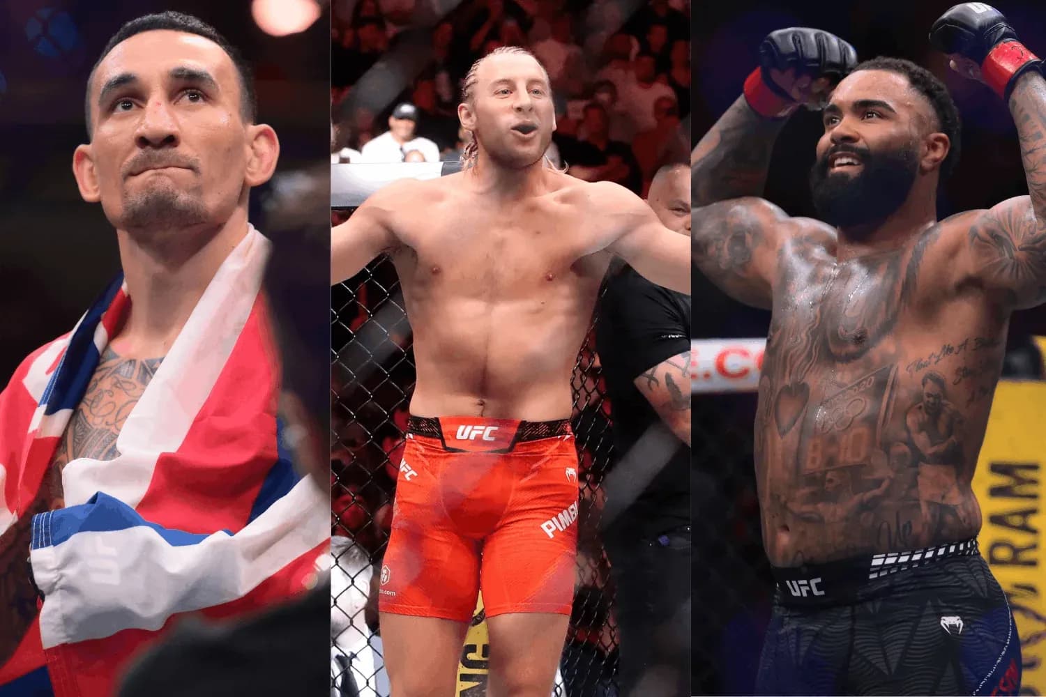 Max Holloway (left), Paddy Pimblett (center), and Gable Steveson (right)