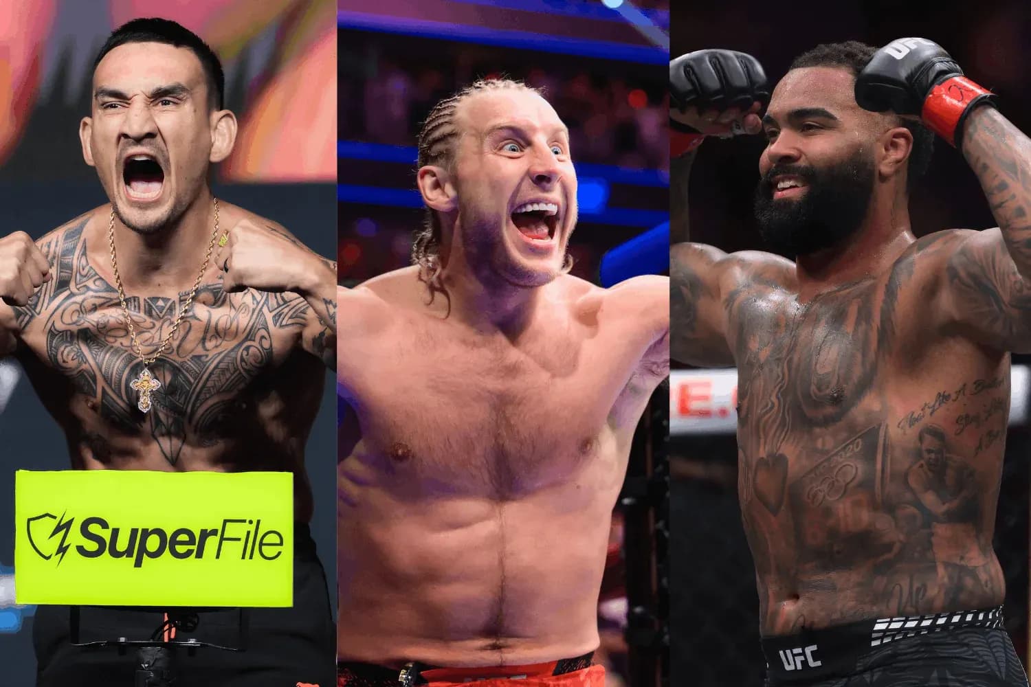 Max Holloway (left), Paddy Pimblett (center), and Gable Steveson (right)