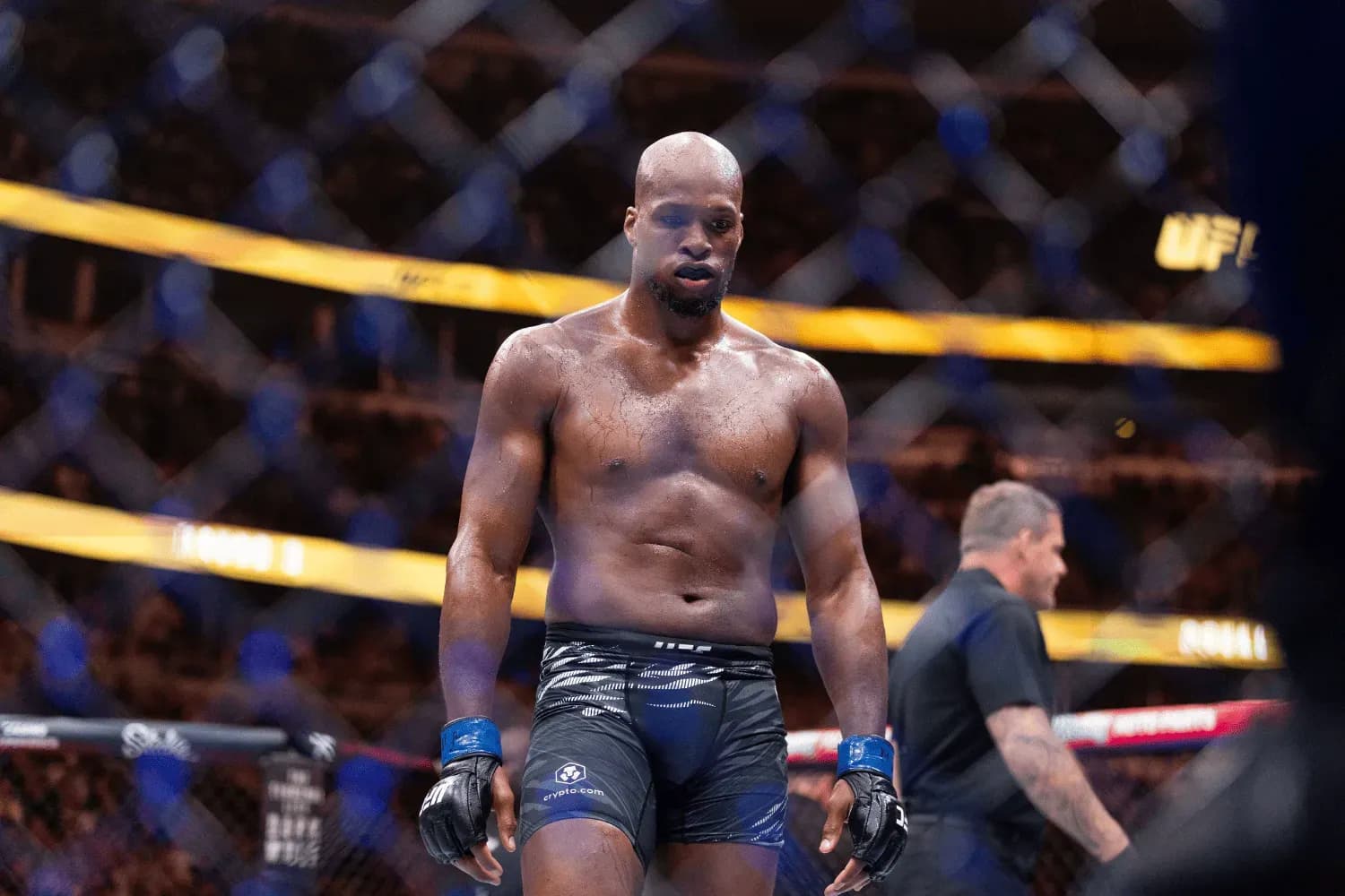 Michael Page reacts during his fight against Jared Cannonier in  a Middleweight bout during the UFC 319 Du Plessis vs. Chimaev event at United Center
