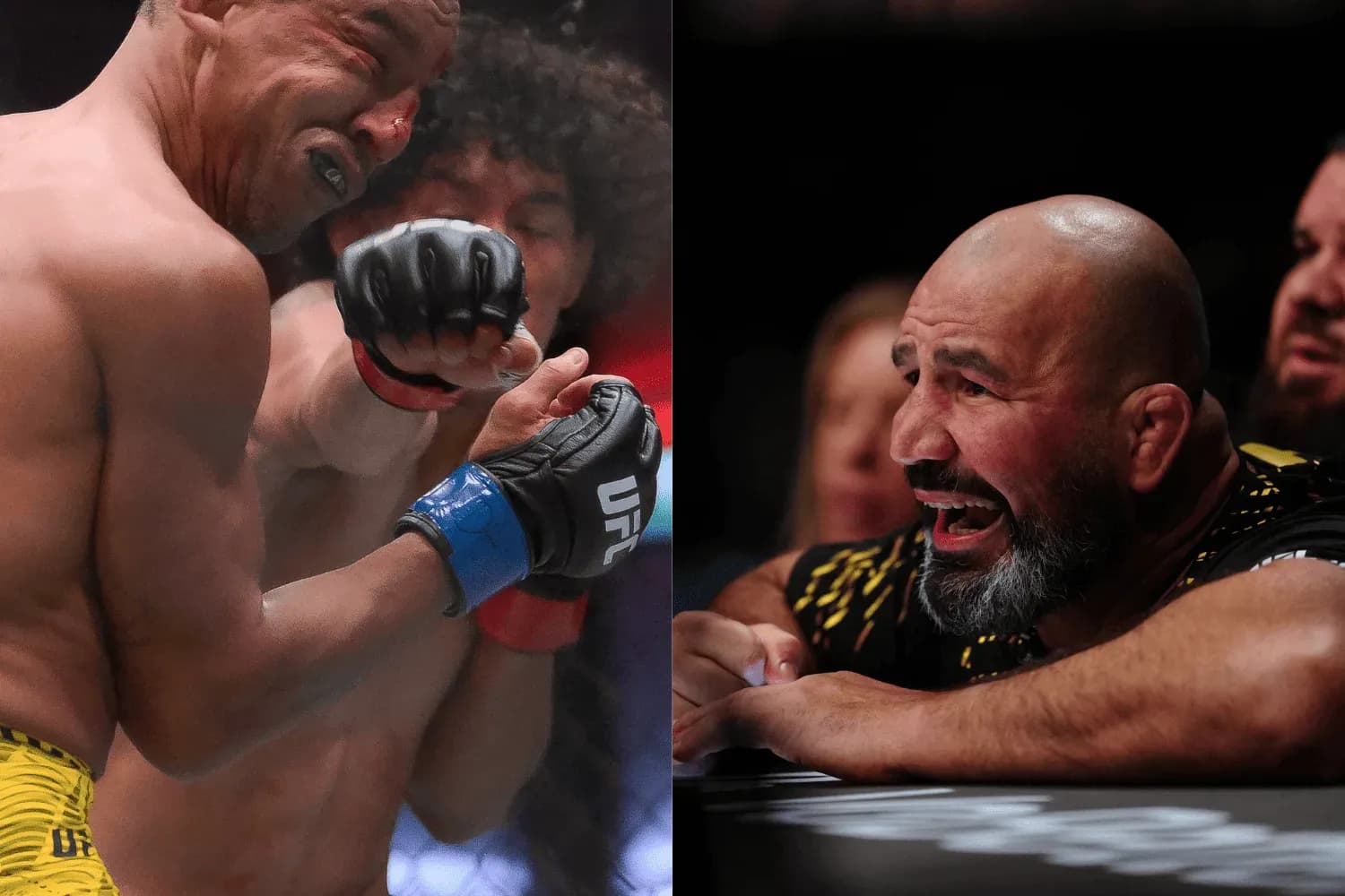 Raoni Barcelos gets punched by Raul Rosas Jr. (left) and Glover Teixeira (right)