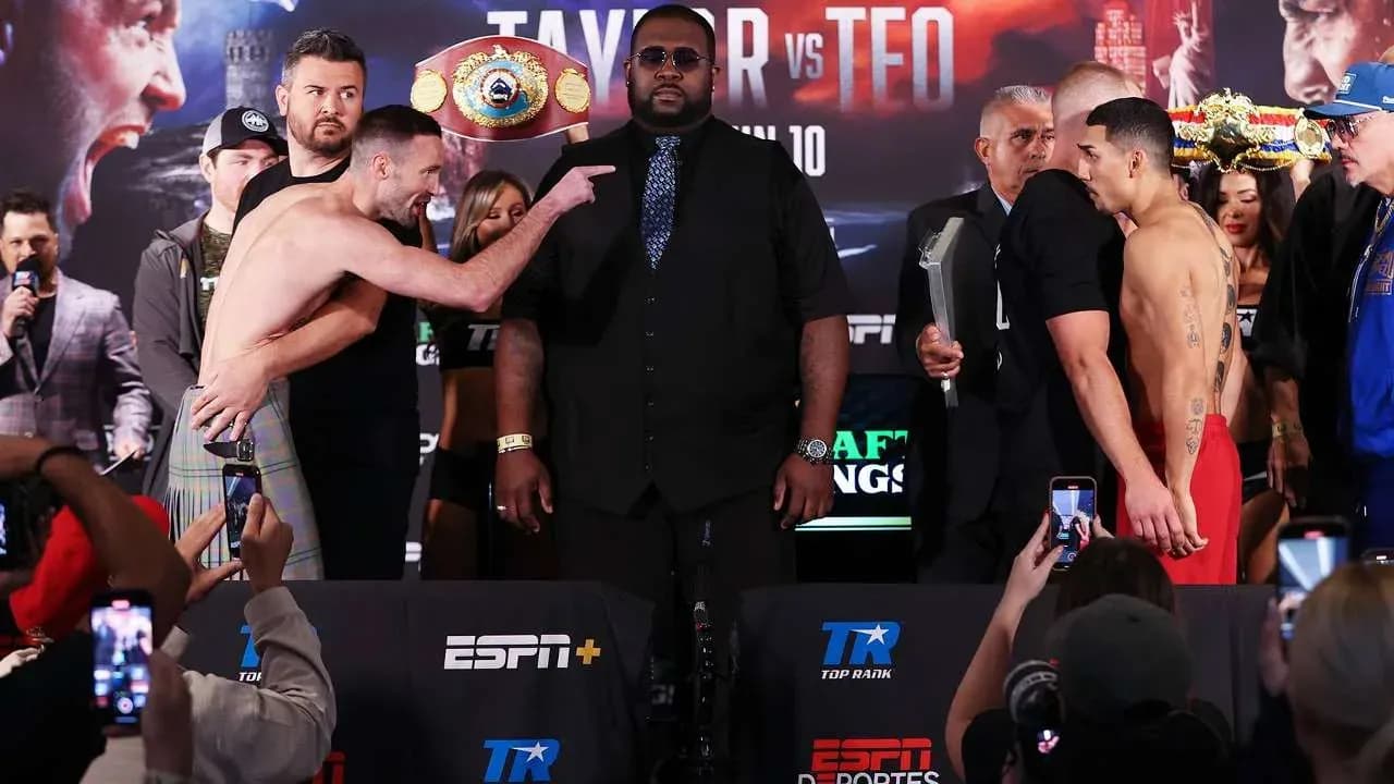 Joash Taylor and Teofimo Lopez face off at the ceremonial weigh-ins.