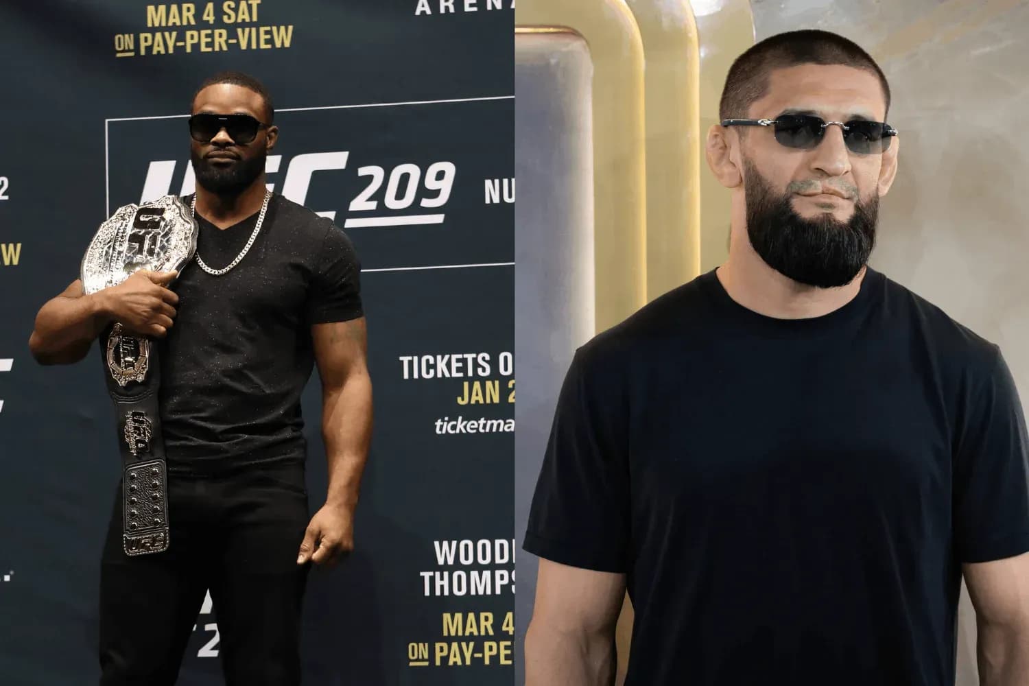 Tyron Woodley (left) and Khamzat Chimaev (right)