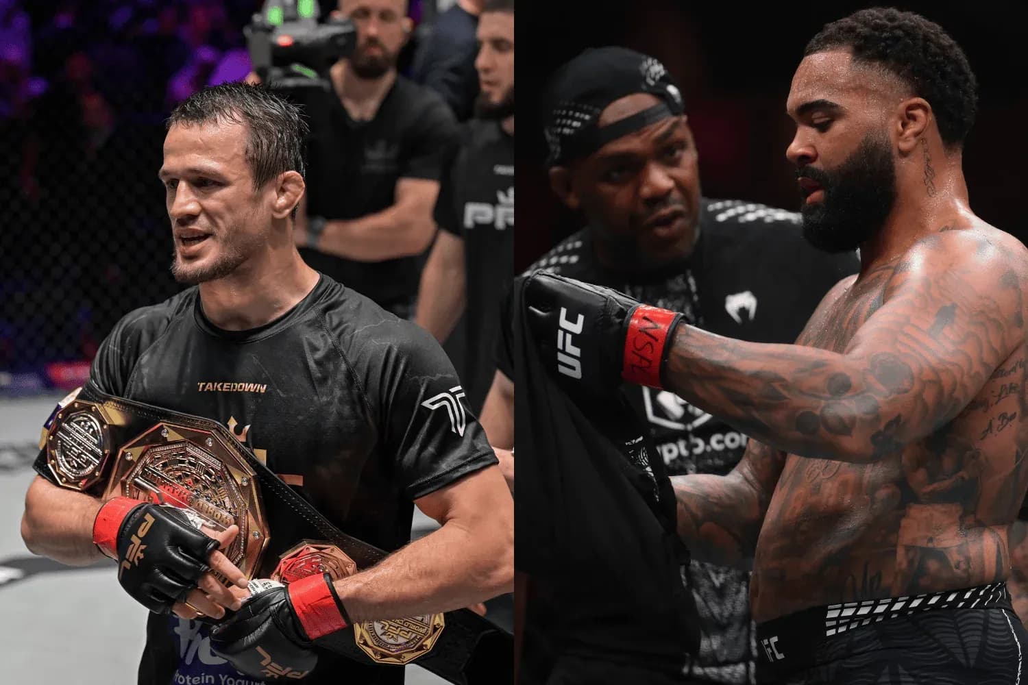 Usman Nurmagomedov (left) and Jon Jones with Gables Steveson (right)