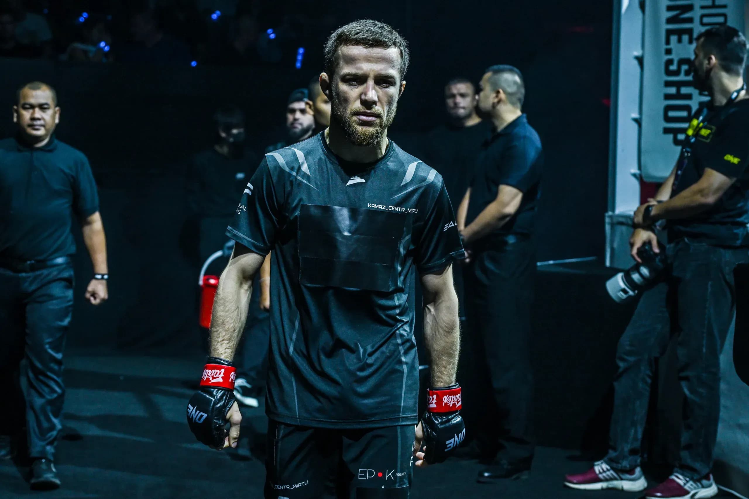 Dagestani MMA fighter Mansur Malachiev walks to the ring