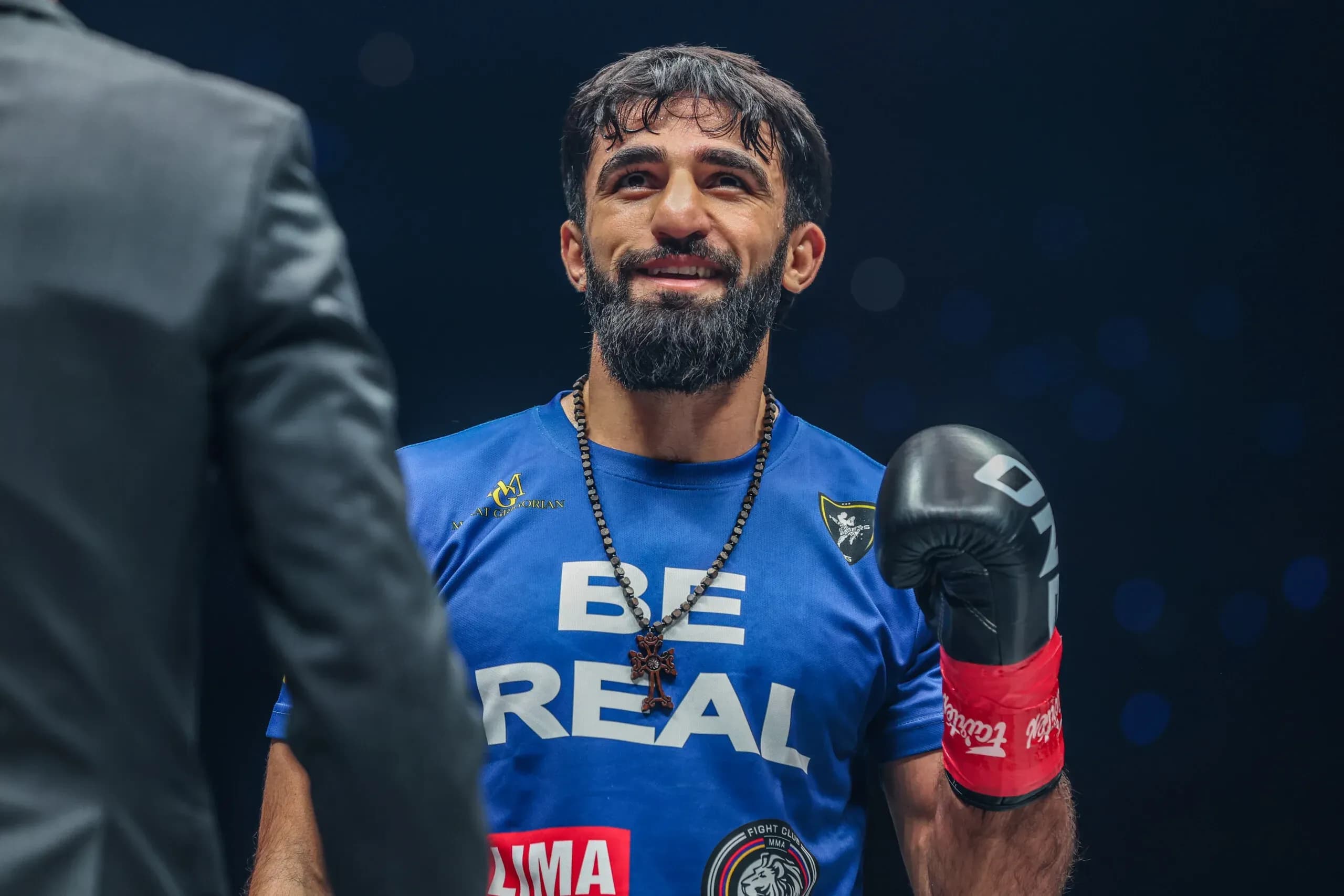 Kickboxing star Marat Grigorian celebrates following his win at ONE SAMURAI 2