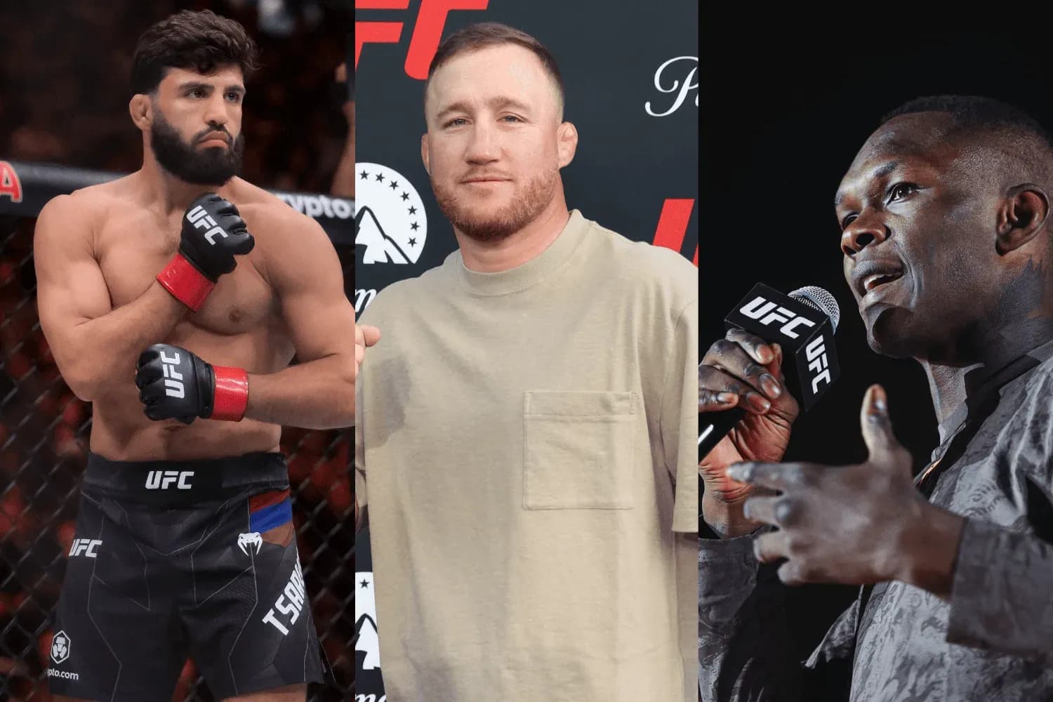 Arman Tsarukyan (left), Justin Gaethje (center), and Israel Adesanya (right)