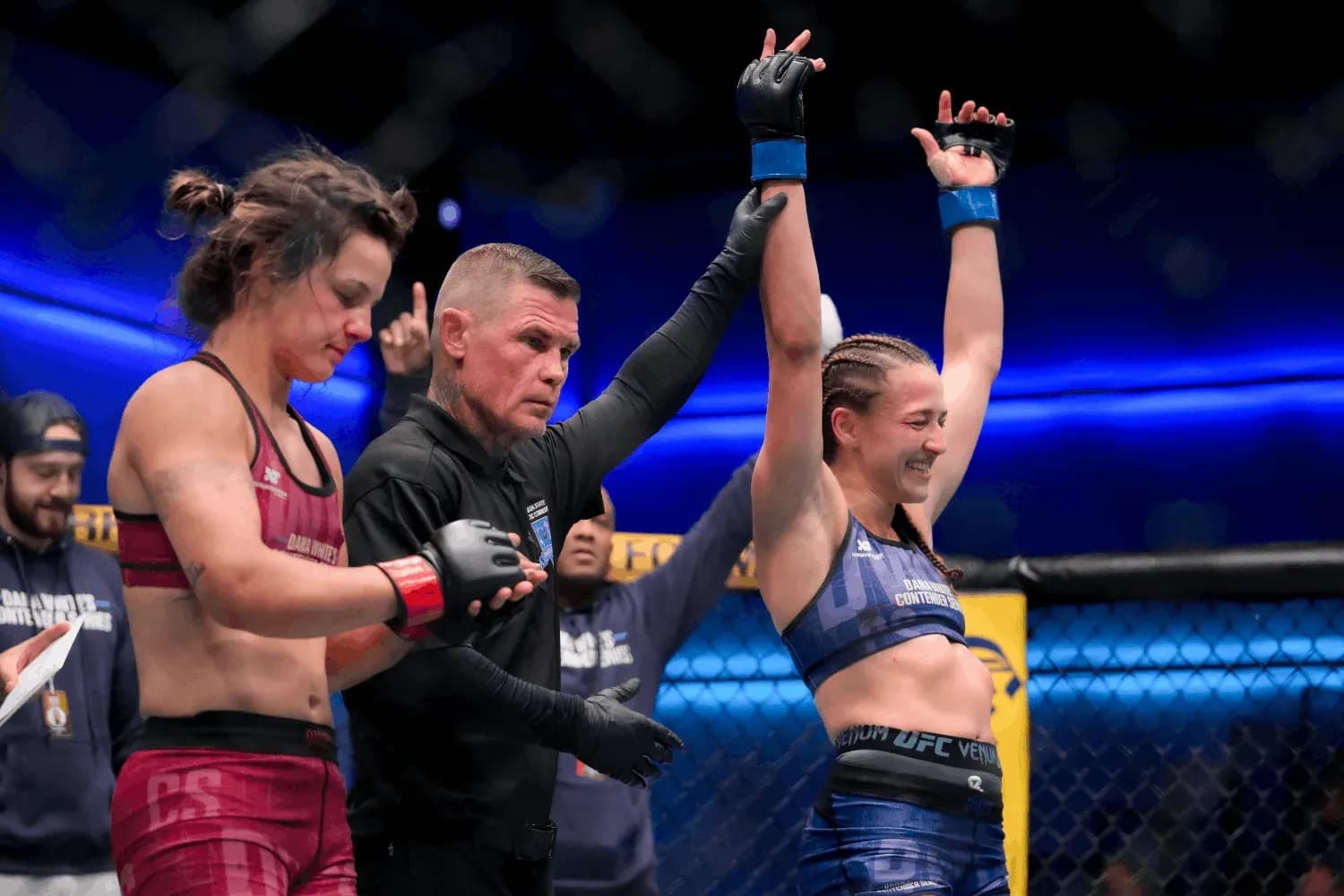 ALEX APODACA (R) hand raise as she defeat BELLA MIR (R) by a unanimous decision during Dana White's Contender Series