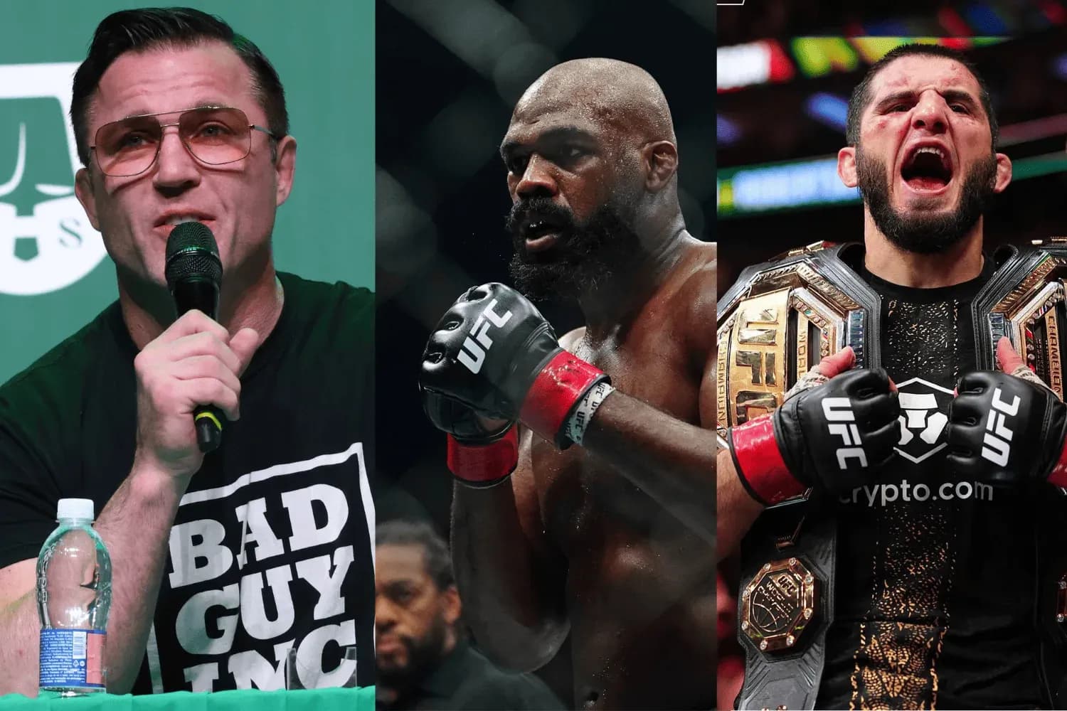 Chael Sonnen (left) Jon Jones (center), and Islam Makhachev (right)