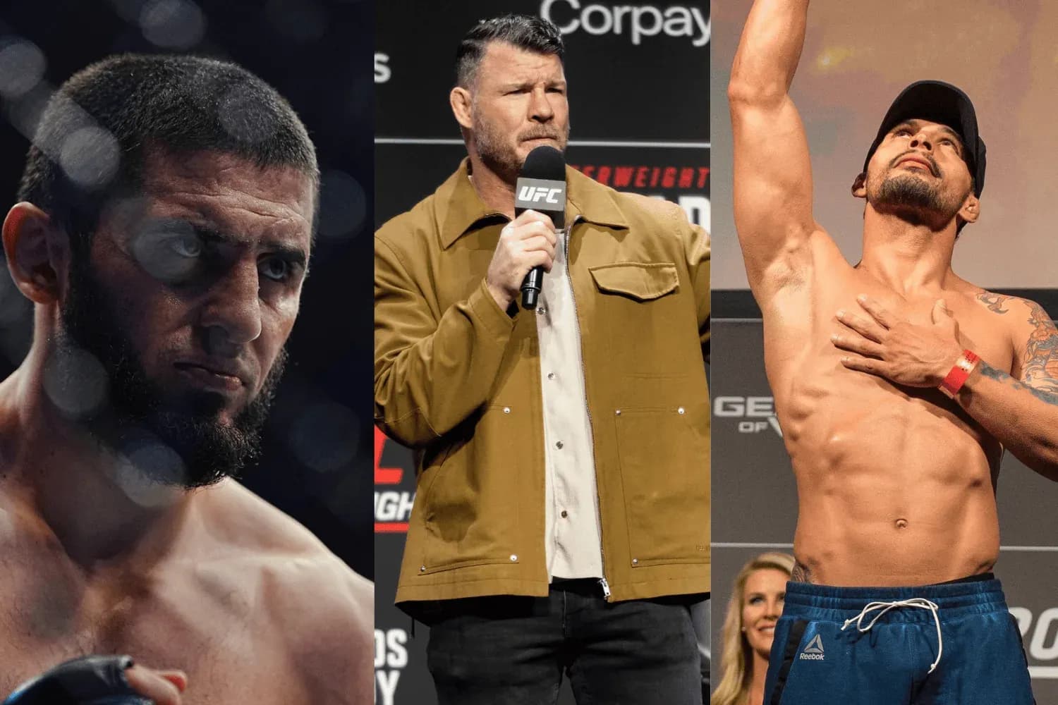 Islam Makhachev (left), Michael Bisping (center), and Adriano Martins (right)