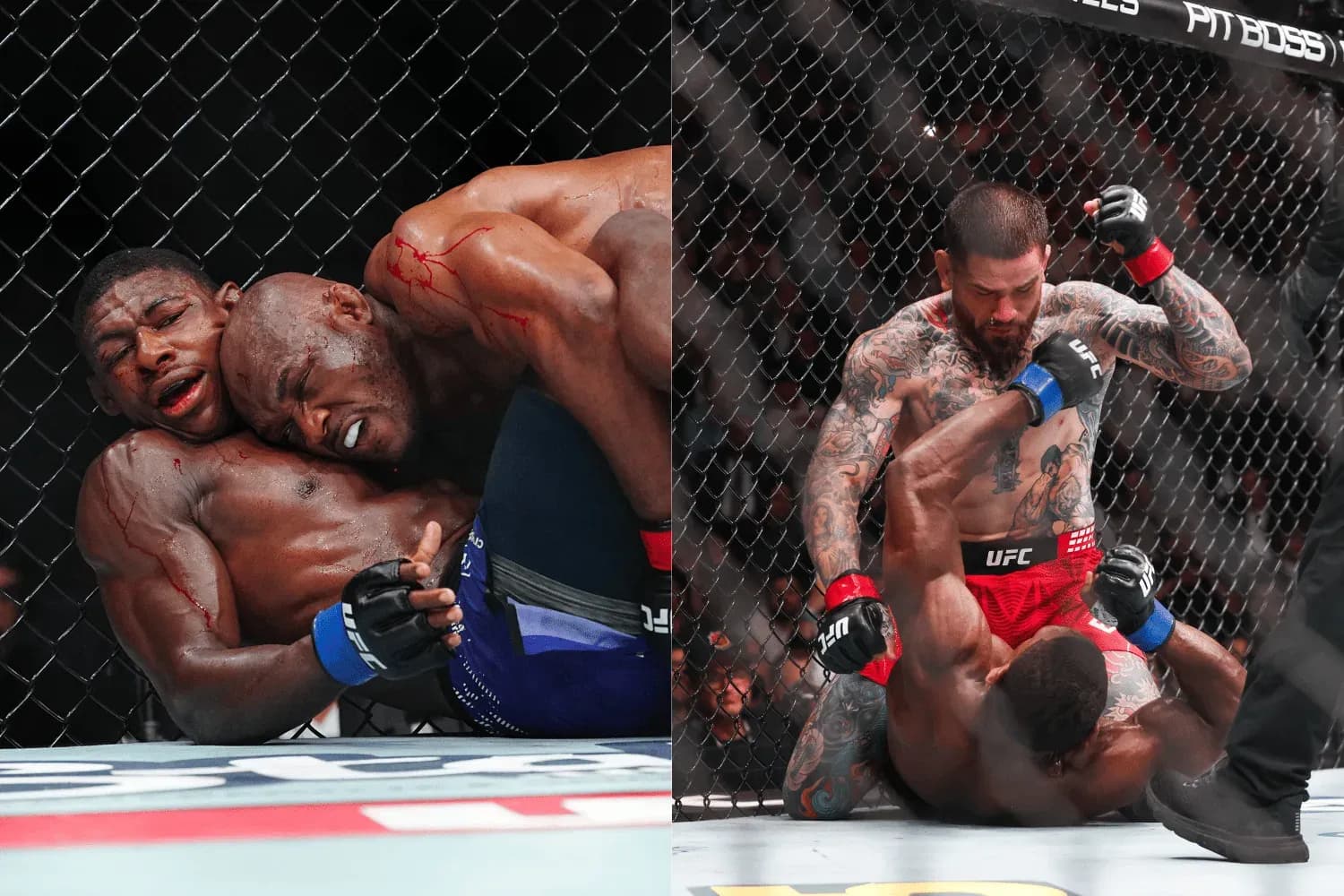 Kamaru Usman wrestles with Joaquin Buckley (left) and Sean Brady with top control on Joaquin Buckley (right)