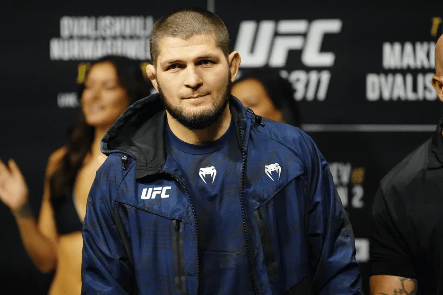 Khabib Nurmagomedov steps on the scale for the ceremonialweigh-in at Intercontinental Downtown Los Angeles for UFC311