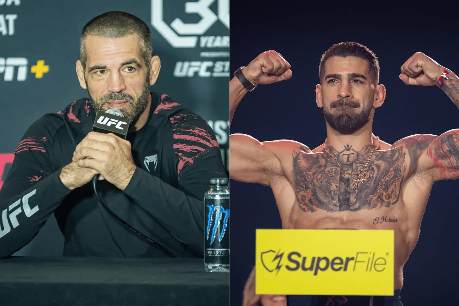 Matt Brown (left) and Ilia Topuria (right)