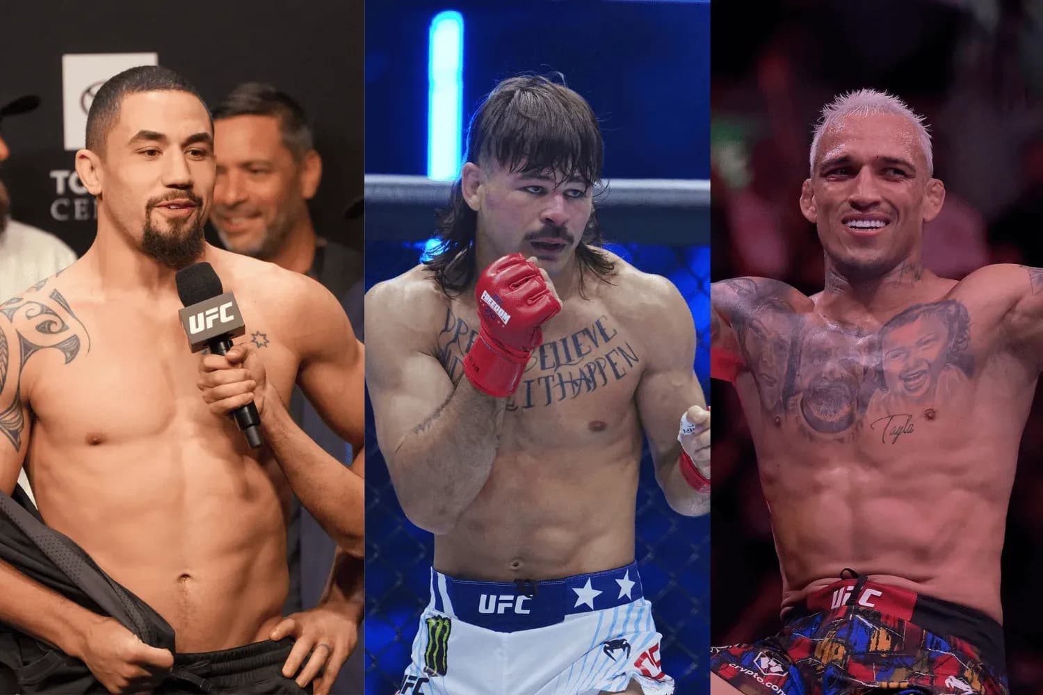Robert Whittaker (left), Diego Lopes (center), and Charles Oliveira (right)