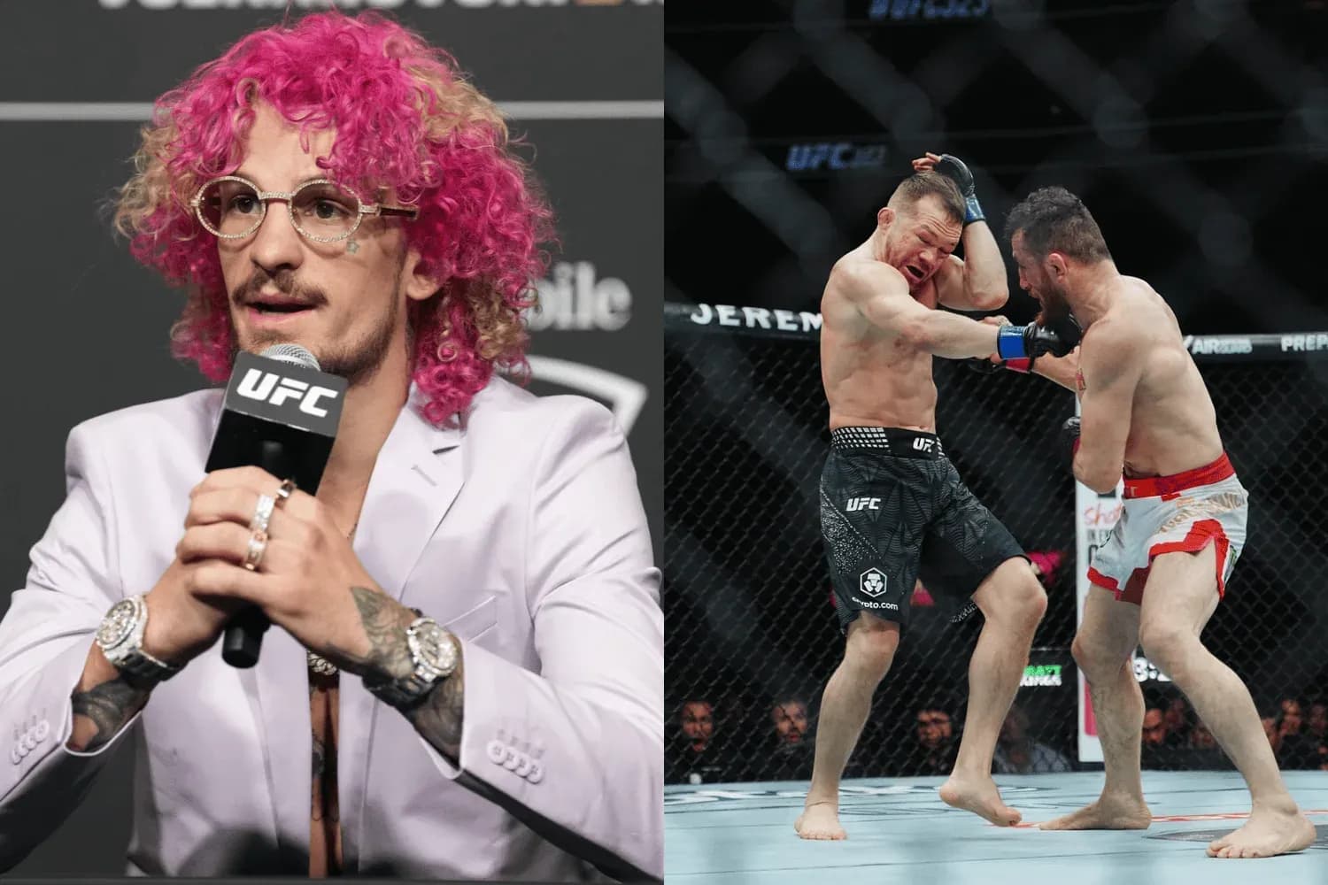 Sean O'Malley (left) and Merab Dvalishvili punching Petr Yan (right)
