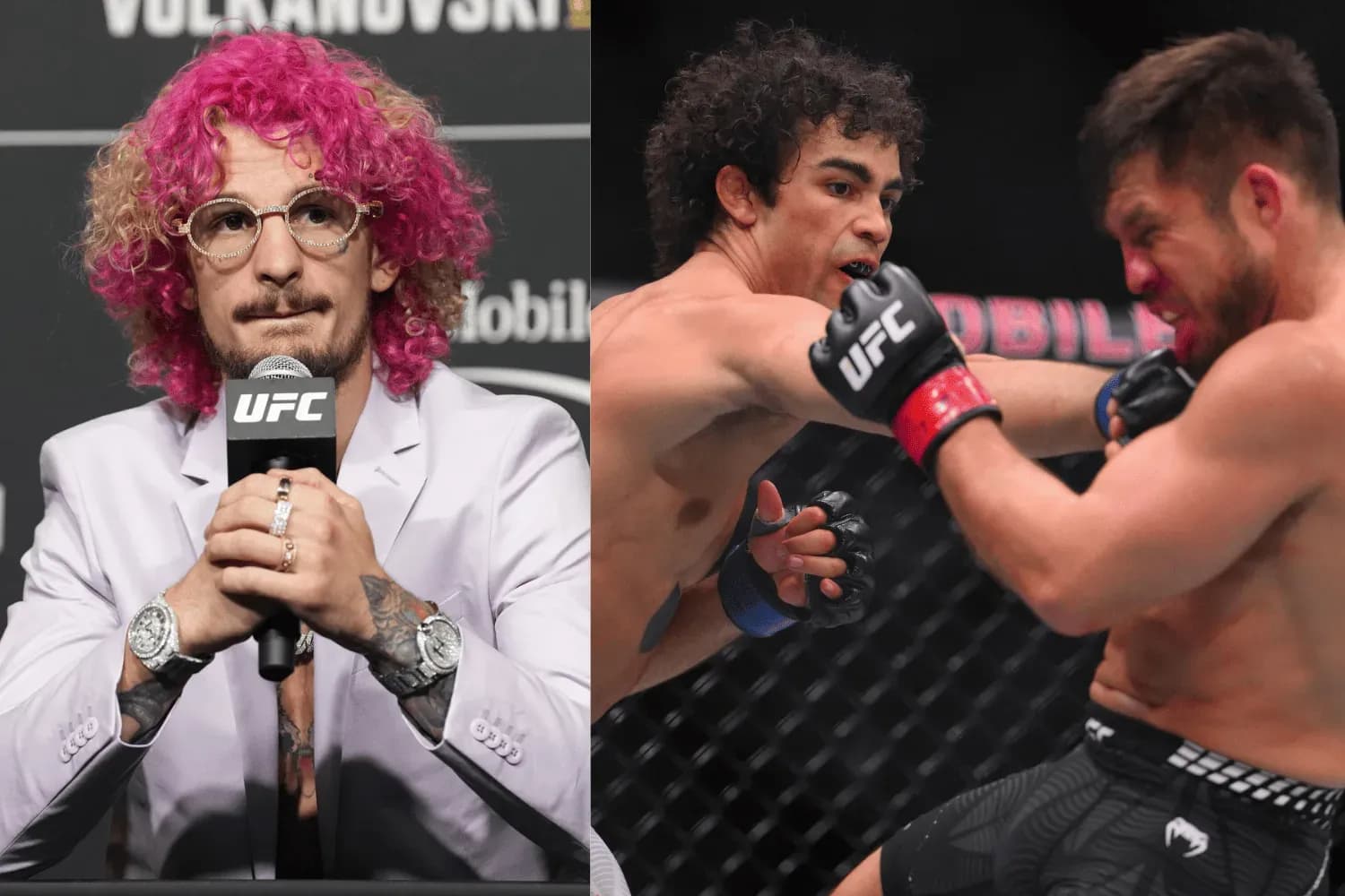 Sean O'Malley (left) and Payton Talbott punching Henry Cejudo (right)
