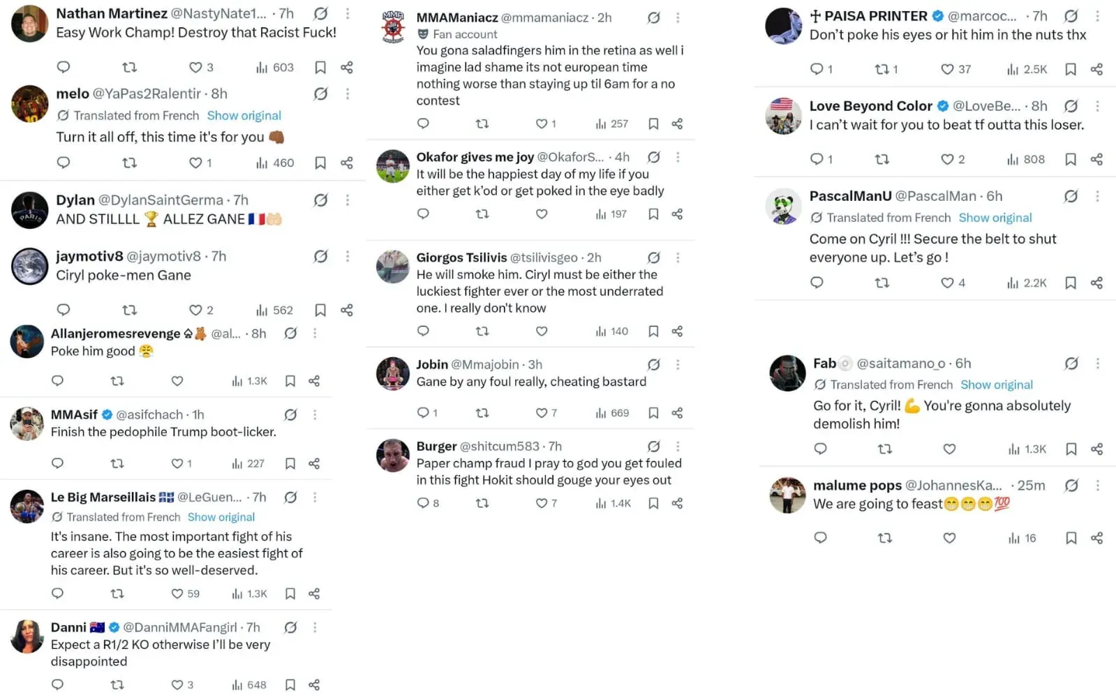 Screenshots of fan reactions to Ciryl Gane vs Josh Hokit at UFC 334